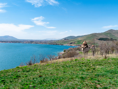 View of Sevanavank church in Sevan, Armenia on sunny spring day, blue sky
