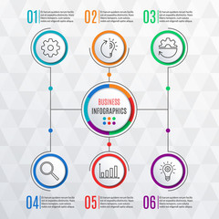 6 steps infographics for business presentation. Circle infographic template with 6 options, levels, parts, or processes. Diagram, workflow layout, flow chart, web design elements. Vector illustration.