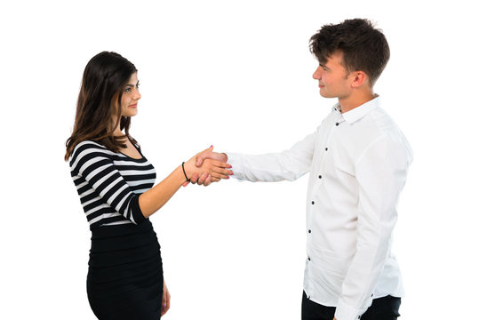 Young couple handshaking after good deal on isolated white background