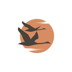 Obraz premium streszczenie ikona z latającymi łabędziami i słońcem