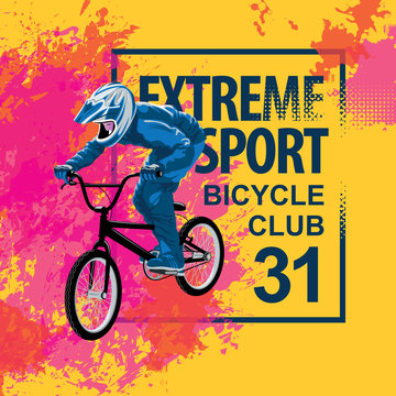 Vector banner or flyer with words Extreme sport and a cyclist on the bike. Abstract poster for bicycle club and promoting extreme mountain biking