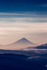 Mountain Fuji with morning mist in spring season