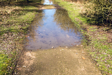Flood water remains on dirt road in rural area of UK countryside - environmental nature background