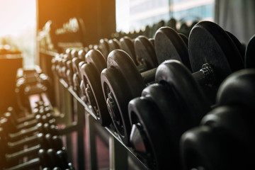 Rows of dumbbells in the gym with high contrast and sunlight