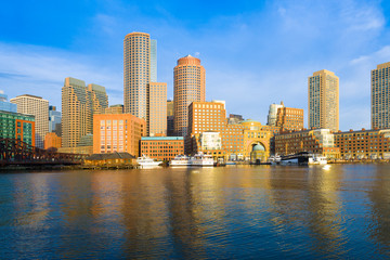 Fototapeta na wymiar Financial District Skyline and Harbour at Dawn, Boston, Massachusetts, USA
