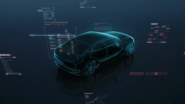 Automobile Technology. Running Future car with user interface digital line. 360 X-ray view. 4k movie.