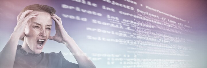 Composite image of business woman holding her head