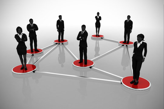Business network of executives. A business network of successful executives in silhouettes standing on interconnected discs.