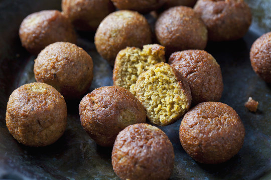 Vegan vegetable balls in pan, close-up