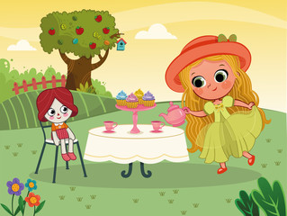 Little girl having a tea party with her doll. (Vector illustration)