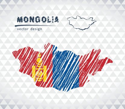 Mongolia vector map with flag inside isolated on a white background. Sketch chalk hand drawn illustration