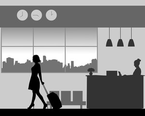 A business woman leaves the hotel with luggage, one in the series of similar images silhouette