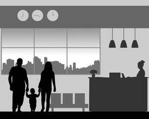 Parent with a child walk in the lobby of the hotel, one in the series of similar images silhouette