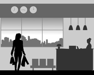 The girl returns to the hotel from shopping with shopping bags, one in the series of similar images silhouette