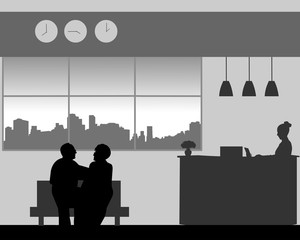 Lovely elderly couple walk in the lobby of the hotel, one in the series of similar images silhouette
