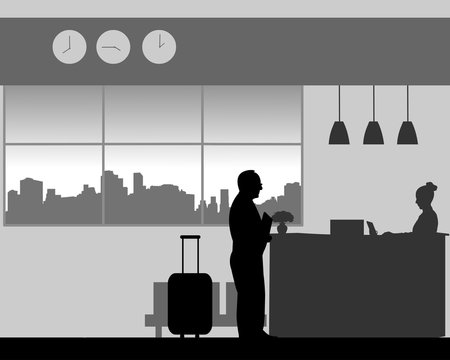 A elderly man check in or check out at the hotel reception, one in the series of similar images silhouette