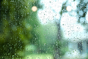 Rain drop on window glass with tree background.Rainy day
