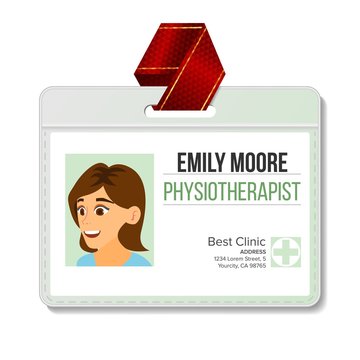 Physiotherapist Identification Badge Vector. Woman. Id Card Blank. Clinic. Hospital. Specialist Person. Flat Cartoon Character Illustration