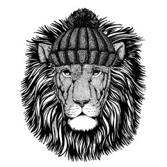 Wild lion Cool animal wearing knitted winter hat. Warm headdress beanie Christmas cap for tattoo, t-shirt, emblem, badge, logo, patch