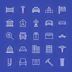 Modern Simple Set of transports, industry, buildings, furniture Vector outline Icons. Contains such Icons as kitchen, work,  child,  city and more on blue background. Fully Editable. Pixel Perfect.