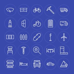 Modern Simple Set of transports, industry, buildings, furniture Vector outline Icons. Contains such Icons as bike, closet,  storage,  truck and more on blue background. Fully Editable. Pixel Perfect.