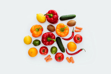 top view of different vegetables and fruits isolated on white