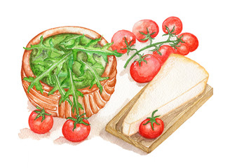 Fototapeta na wymiar Composition of tomatoes, cheese and arugula. Watercolour illustration.