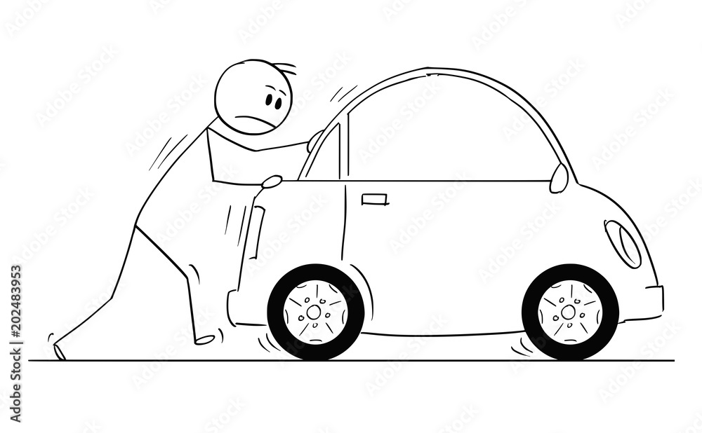 Sticker Cartoon stick man drawing conceptual illustration of businessman pushing broken car. Business concept of problem, obstacle and reliability.