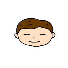 Smiling boy face icon. Happy man handdrawn vector on white. Funny boy smiling cartoon character sticker.