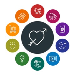 travel, valentine Infographic Colorful outline Icons Set. Contains such Icons as  background,  heart,  road,  trip,  document,  day, sea,  suitcase, love,  sign and more. Fully Editable. Pixel Perfect