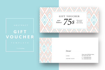 Trendy abstract gift voucher card templates. Modern discount coupon or certificate layout with artistic stroke pattern. Vector fashion bright background design with information sample text.