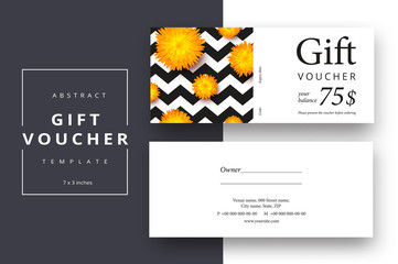 Trendy abstract gift voucher card templates. Modern discount coupon or certificate layout with artistic stroke pattern. Vector fashion bright background design with information sample text.
