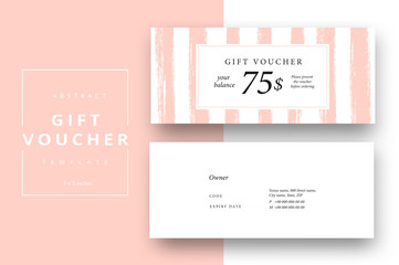 Trendy abstract gift voucher card templates. Modern discount coupon or certificate layout with artistic stroke pattern. Vector fashion bright background design with information sample text. - obrazy, fototapety, plakaty