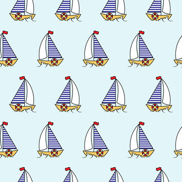 Cartoon boat sailboat seamless pattern. Vector illustration.
