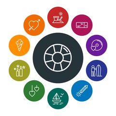 travel, valentine Infographic Colorful outline Icons Set. Contains such Icons as  sea, ring,  festival,  love,  original, holiday,  sail,  rescue,  water, sea and more. Fully Editable. Pixel Perfect