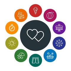 travel, valentine Infographic Colorful outline Icons Set. Contains such Icons as  man,  white,  north,  wave, sweet,  clothing,  food, volleyball,  love, heart and more. Fully Editable. Pixel Perfect