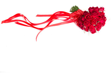 Bouquet of roses and red ribbons on a white background.Valentine day