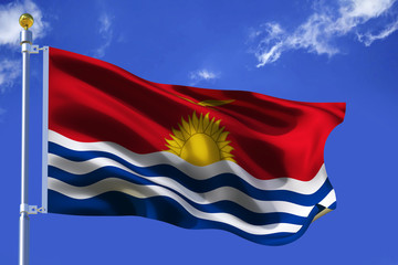 The silk waving flag of Kiribati with a flagpole on a blue sky background with clouds .3D illustration.