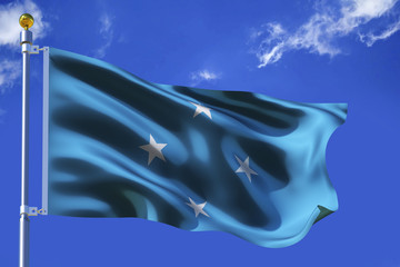 The silk waving flag of Micronesia with a flagpole on a blue sky background with clouds .3D illustration.