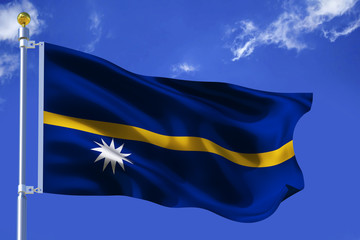 The silk waving flag of Nauru with a flagpole on a blue sky background with clouds .3D illustration.