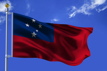 The silk waving flag of Samoa with a flagpole on a blue sky background with clouds .3D illustration.