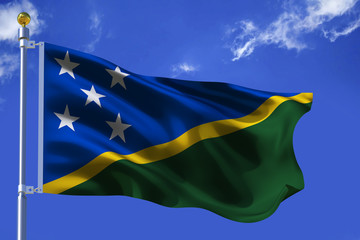 The silk waving flag of Solomon Islands with a flagpole on a blue sky background with clouds .3D illustration.