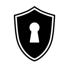 Simple, black and white shield with a keyhole icon. Isolated on white