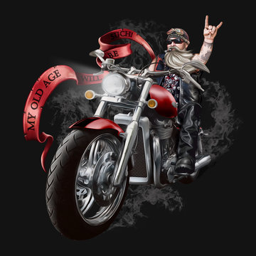 Illustration with an elderly biker on a large powerful motorcycle. The inscription "my old age will be such." Smoke from exhaust pipes. Beard, sunglasses and cigar, leather clothes. Rock and metal. Is