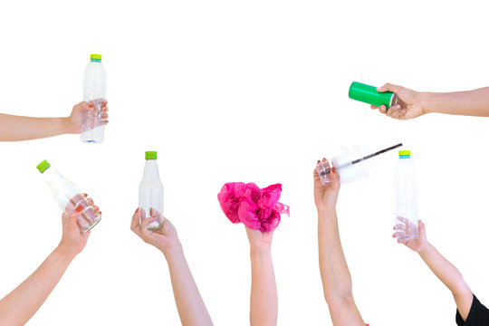 Hand hold show Recyclable plastic bottle bag a White background