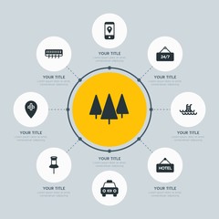 Circle network chart hotel, location, nature infographic template with 8 options for presentations, advertising, annual reports.