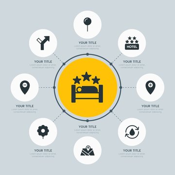 Circle network chart hotel, location, nature infographic template with 8 options for presentations, advertising, annual reports.