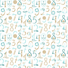 Lettering numbers 1, 2, 3, 4, 5, 6, 7, 8, 9, 0 marine elements. Hand drawn vector illustration. Sailboat, life preserver, lighthouse, fish, a telescope, a bell, hat, anchor, ship. Seamless pattern.