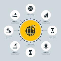 Circle network chart hotel, location, nature infographic template with 8 options for presentations, advertising, annual reports.