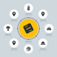 Circle network chart hotel, location, nature infographic template with 8 options for presentations, advertising, annual reports.